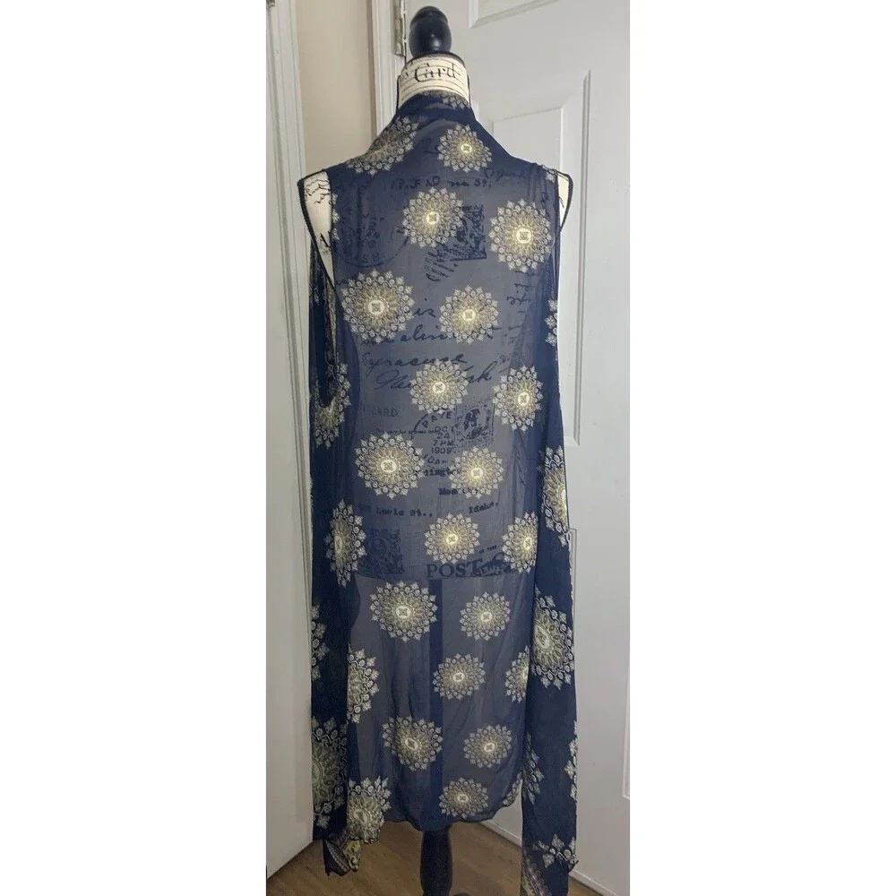 Scarf Vest Long Flowy Sleeveless Navy Print Silky One Size Boho Asymetrical